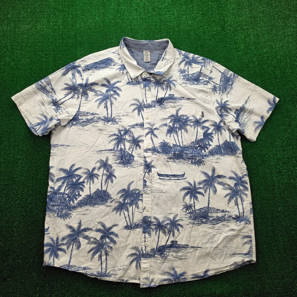 Hurley Tropical Palm Scenic Short Sleeve Button Up Shirt Mens 2XL White Beach